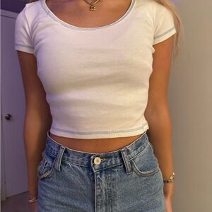 Brandy Melville Scoop Neck White Short Sleeve Crop Top with Blue Stiching